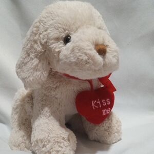 Vintage White Puppy Plush Dog Valentine Kiss Me Heart Red Bow